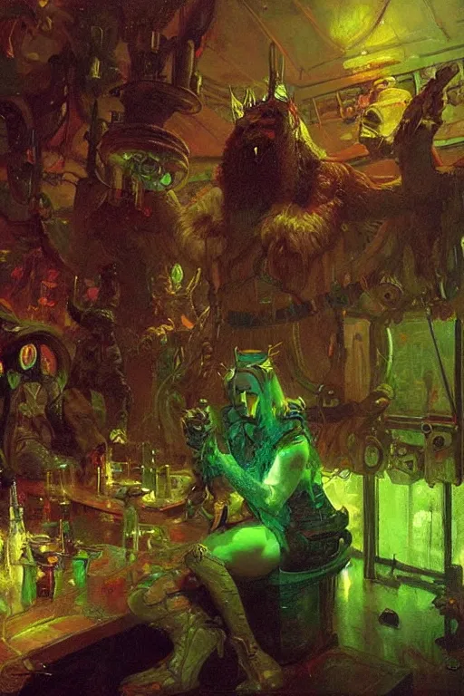 Prompt: a space viking drinking green neon liquid in an alien tavern. art by ilya repin.