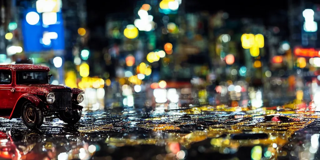 Image similar to color photograph close up macro shot of a ford t car on wet tokyo street at night in the future, intricate, hyper detailed, smooth, dramatic lighting, cinematic