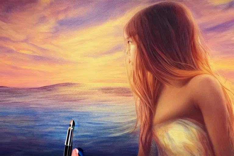 Image similar to girl, fantasy, pen paint, ultra realistic!!!, clear weather, golden hour, sharp focus