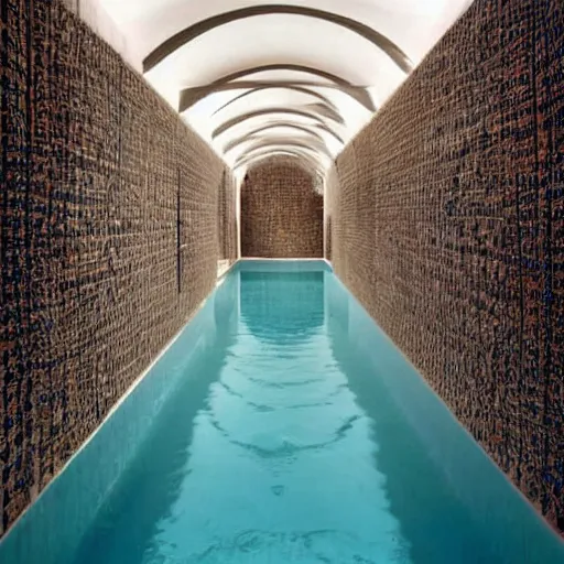 Image similar to infinite pools with tiles over all the walls, the backrooms, liminal space, dreamlike