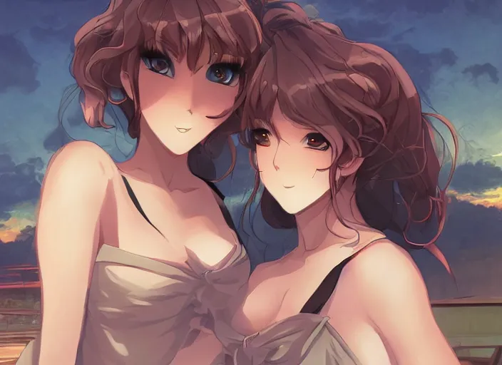 Image similar to two beautiful mothers outside on a hot summer evening, gorgeous faces, thick lines, cinematic lighting, detailed anime art