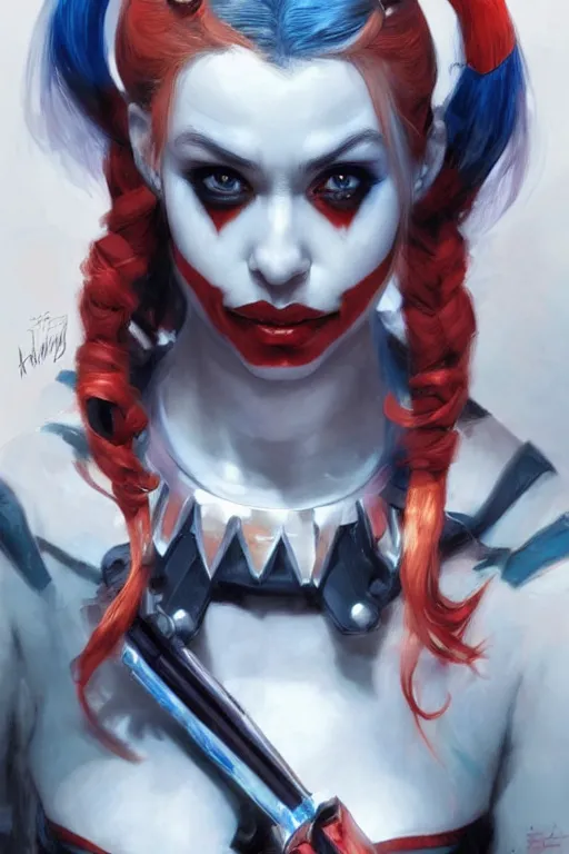 Prompt: Harley Quinn, dc comics, Warhammer 40000, digital art from artstation by Ruan Jia and Mandy Jurgens and Artgerm and william-adolphe bouguereau