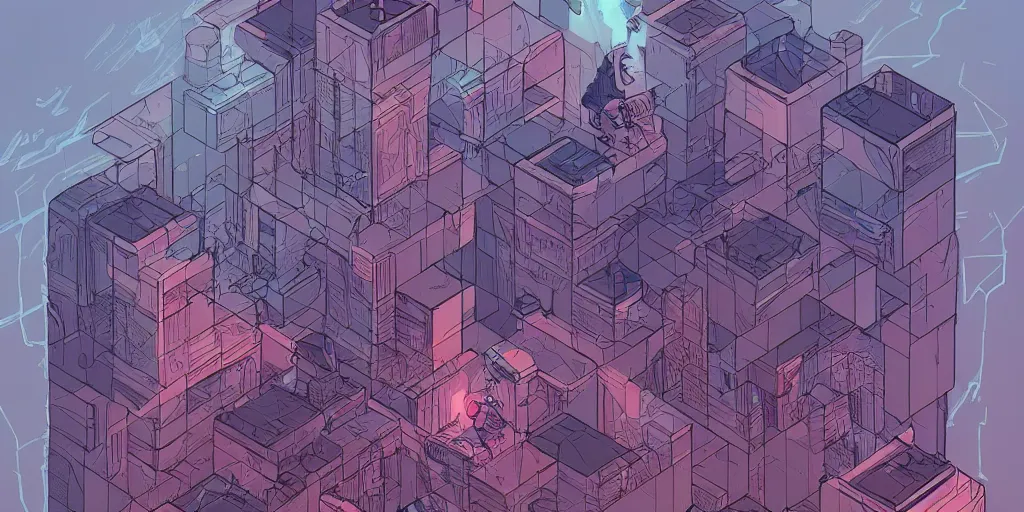 Prompt: concept art of an epic tesseract in style of dan mumford and laurie greasley by james gilleard, very detailed, clean lines, atmospheric, vivid, wide angle