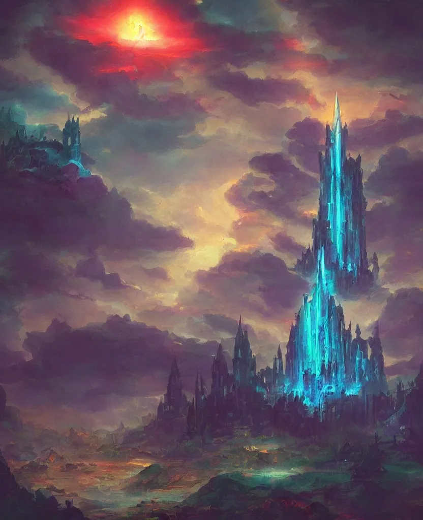 Image similar to “ a painting in the style of magic the gathering of an ancient tower, it is a glowing fortress and has iridescent mana radiating from it into the aether. it is centered. the background is the sky at night. retrofuturistic fantasy ”