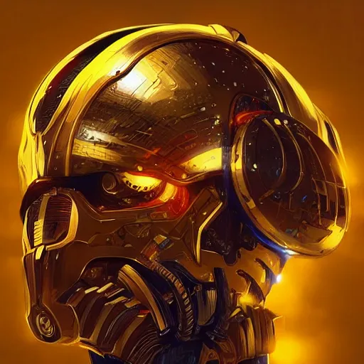 Image similar to “A portrait of a cyborg in a golden suit, D&D sci-fi, artstation, concept art, highly detailed illustration.”