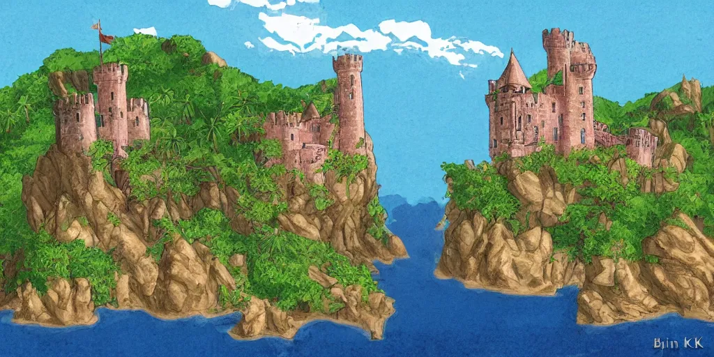 Prompt: stunning landscape of a castle on a lost island on a sunny day by brian k. vaughan