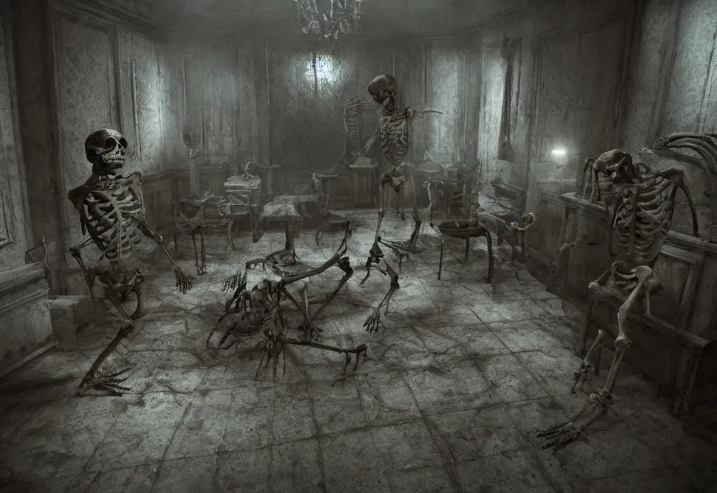 Prompt: eldritch skeleton ghosts in a room of a haunted house. realistic, cinematic lighting, octane tender, dark - art