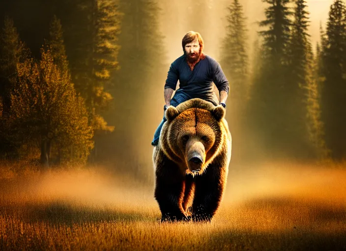 Image similar to portrait photo of chuck norris riding his grizzly bear to work at dawn. fantasy magic style. highly detailed 8 k. intricate. lifelike. soft light. sony a 7 r iv 5 5 mm. cinematic post - processing.