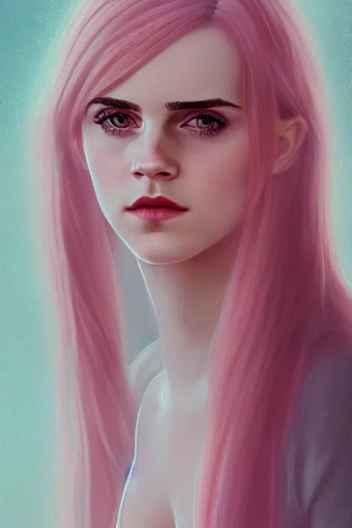 Prompt: Portrait of a beautiful pale skin Nordic female Emma Watson with long pink hair, elegant, photorealistic, highly detailed, artstation, smooth, sharp focus, gold ornaments, neon lighting, sci-fi, art by Klimt.