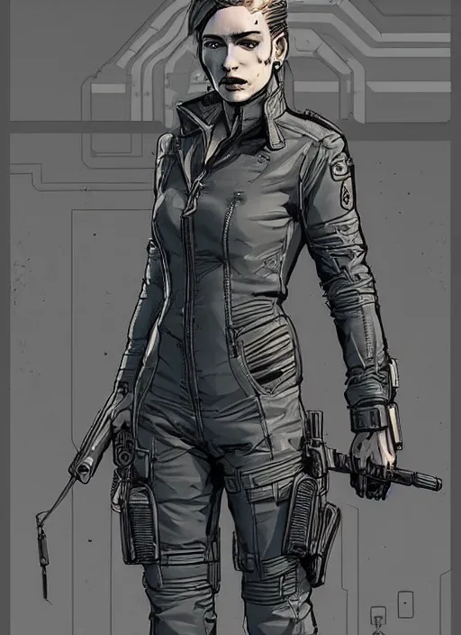 Prompt: Beautiful Maria. smug female cyberpunk assassin wearing a military vest, and tactical jumpsuit. gorgeous face. Realistic Proportions. Concept art by James Gurney and Laurie Greasley. Moody Industrial skyline. ArtstationHQ. Creative character design for cyberpunk 2077.