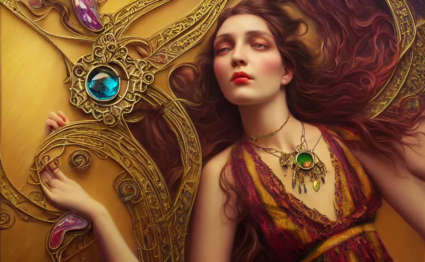 Image similar to highly detailed oil painting, centered in image, art nouveau, ornate, delicate, brilliant magical gemstones choker, around a neck, octane render, realistic, dramatic light,