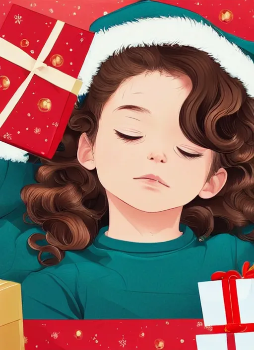 Prompt: a seven year old with short wavy curly hair, asleep at christmas. surrounded by gifts. high quality detailed face. clean cel shaded vector art. shutterstock. behance hd by lois van baarle, artgerm, helen huang, by makoto shinkai and ilya kuvshinov, rossdraws, illustration, art by ilya kuvshinov