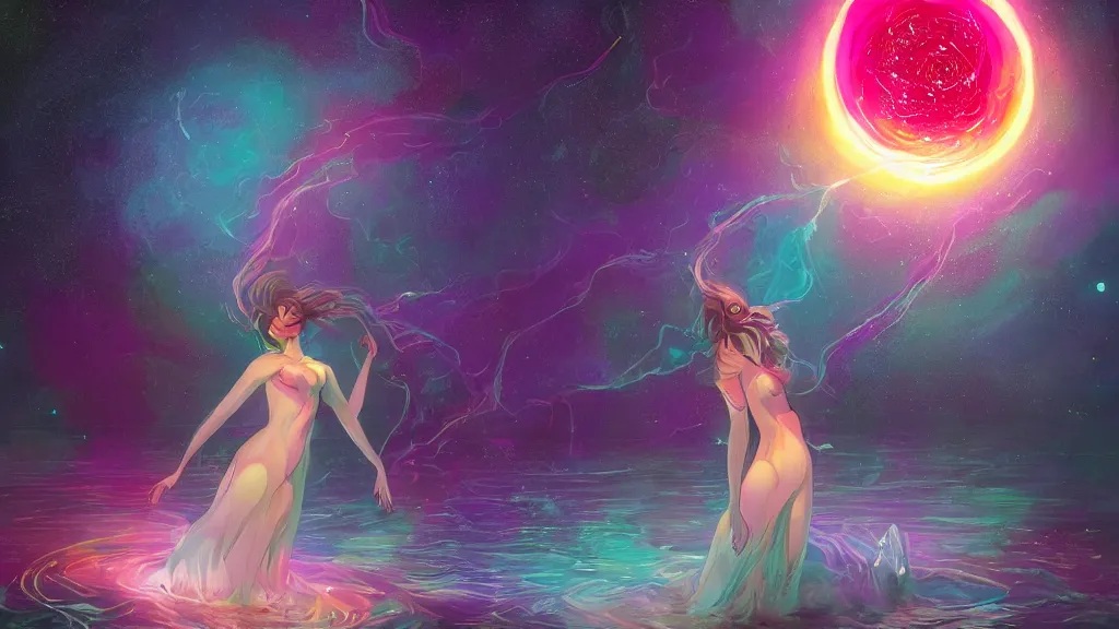 Image similar to one beautiful whimsical goddess standing in a lake basking in the moonlight, casting a spell, underneath a multi-colored binary blackhole with an accretion disc, glowing trails following her arms, acidwave, by Lois van Baarle, by Greg Rutkowski, by artgerm, by beeple, by studio ghibli, cinematic angle, volumetric lighting, 4k resolution, octane render, trending on artstation, masterpiece