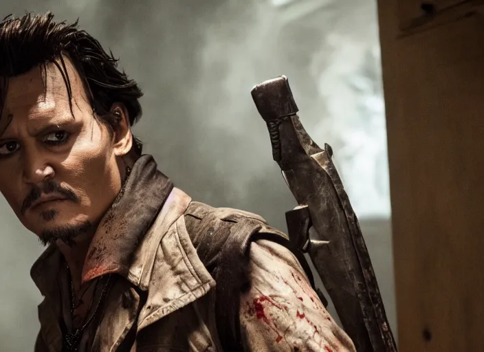 Image similar to Johnny Depp playing Ash Williams in Ash vs Evil Dead, film still, 4k