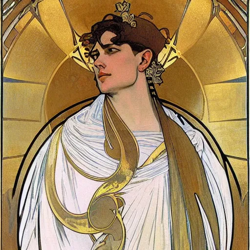 Prompt: an elegant white and gold acrylic painting of a roman emperor, by alphonse mucha