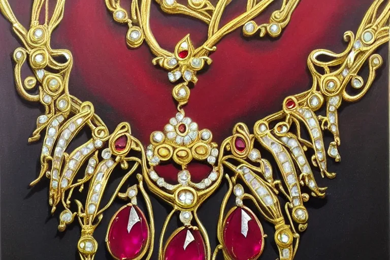 Image similar to highly detailed oil painting, front view, very realistic gemstones, art nouveau, ornate, delicate, brilliant ruby necklace, necklace on display, dramatic light,