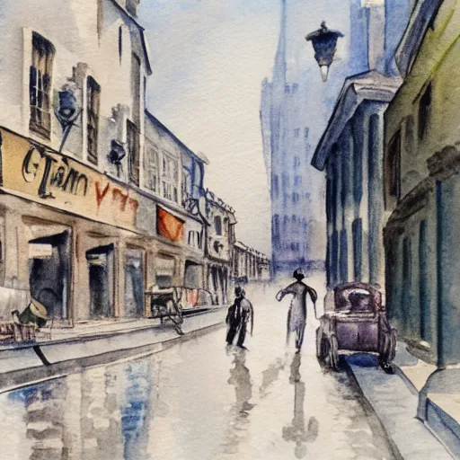 Prompt: a water Coloured painting of The tramp, walking down a 1920s style city street