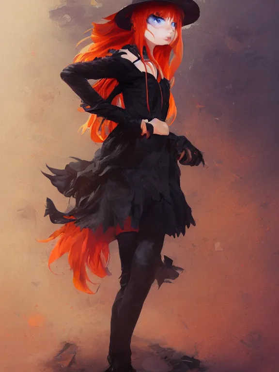 Image similar to Full shot of a cute mischievous young witch about to get up to some trouble. Black and Orange palette. By Ruan Jia and Artgerm and Range Murata and WLOP and CLAMP. Key Art. Fantasy Illustration. award winning, Artstation, intricate details, realistic, Hyperdetailed, 8k resolution.