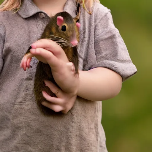 Image similar to ratcatcher 2 as a little girl, holding a cute rat in her hands, photo taken on a nikon, very detailed, 4k