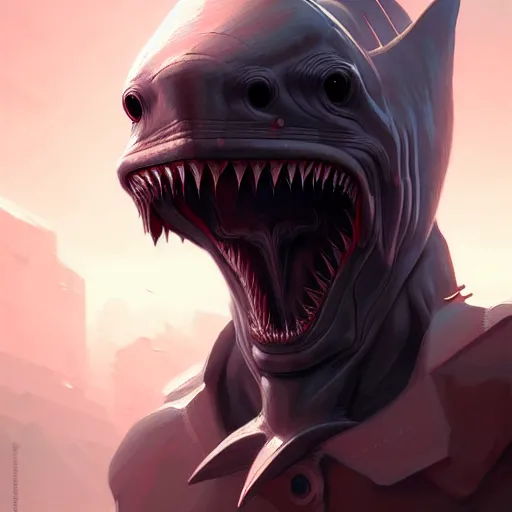 Image similar to professional ominous concept art portrait of a shark - human chimera character by artgerm and greg rutkowski. an intricate, elegant, highly detailed digital painting, concept art, smooth, sharp focus, illustration, in the style of simon stalenhag, wayne barlowe, and igor kieryluk.