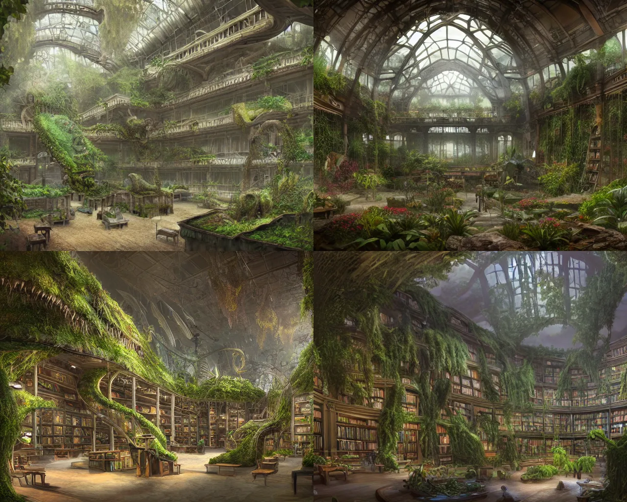 Prompt: Matte painting of the interior view of giant botanical museum. Living biological lovecraftian architecture. Library with students. Fantastical, detailed digital art trending in artstation