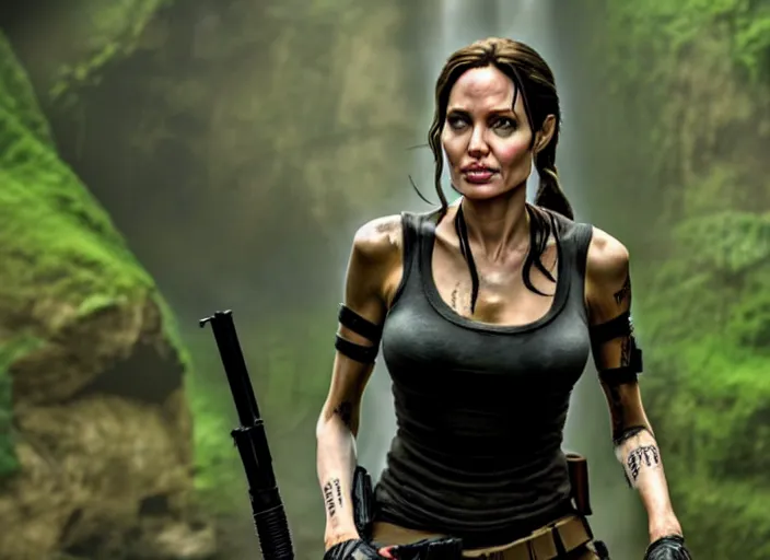 Image similar to film still of!!!! angelina jolie!!! as lara croft in new tomb raider movie, 8 k