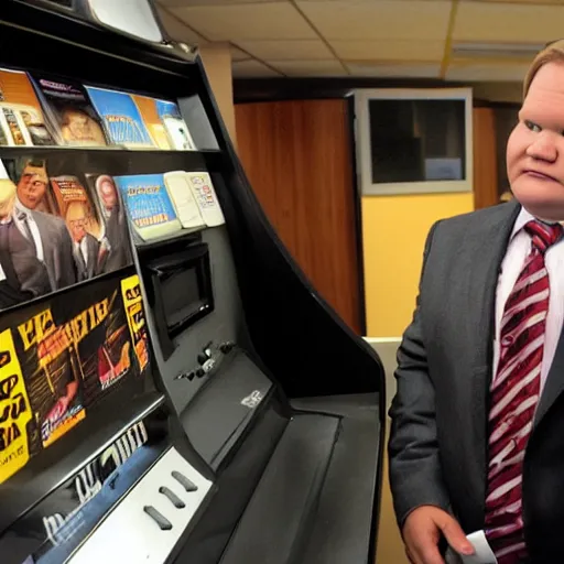 Prompt: Andy Richter wearing a brown suit and necktie checking out a video at blockbuster video