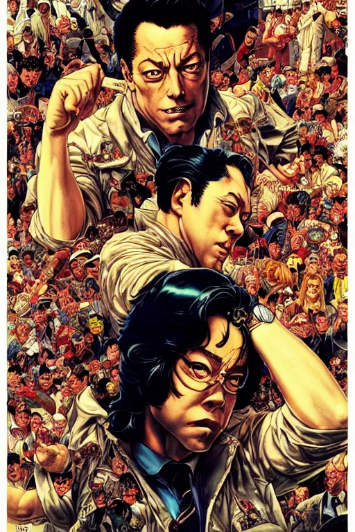 Image similar to poster of jordan belfort, by yoichi hatakenaka, masamune shirow, josan gonzales and dan mumford, ayami kojima, takato yamamoto, barclay shaw, karol bak, yukito kishiro