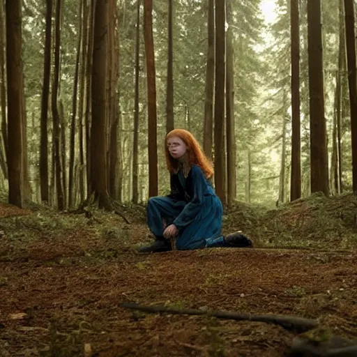 Prompt: Sadie Sink (Maxine Mayfield) from Stranger Things kneeling in a forest looking straight ahead, cinematic, soft realistic lighting, establishment scene, extremely high details, photorealistic, no shadows, 8k