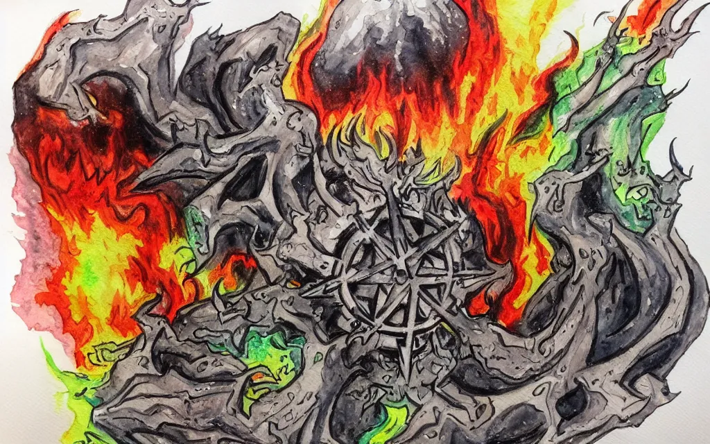 Image similar to a rough water color of the 7 layers of hell, doomsday, satan, pentagram, detailed, busy, hectic