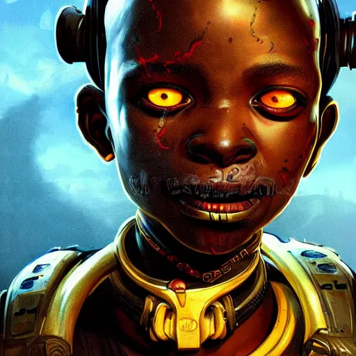 Prompt: a dark and ominous cyborg african child soldier with glowing eyes and facial scarification marks and gold teeth, Apex Legends character digital illustration portrait design, by android jones and greg rutkowski in a cyberpunk voodoo style, synthwave color scheme, detailed, cinematic lighting, wide angle action dynamic portrait