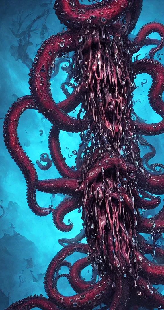 Prompt: dark dark blue ocean background, deep underwater, very terrifying demonic giant octopus with snarling wolf heads at the end of each tentacle, splattered with blood, full body portrait showing entire scary monster, neo-expressionistic, maximalist, horror monster masterpiece, trending on DeviantArt, 4K resolution, dark cinematic, hyperrealism, octane render, volumetric lighting, ultra-detailed, chiaroscuro, in the style of Giger and Ralph Steadman and Da Vinci,