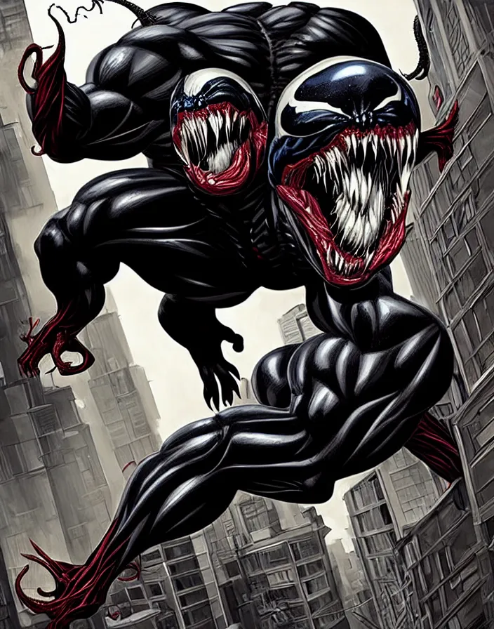 Prompt: fantastic comic cover of venom, lethal protector, muscles, muscular, veins, open mouth, angry, saliva, bigh sharp teeths, savage, in a city at night, on top of buildings, large thong, artstation, 3 d hammer modeling, hd, sharp high quality artwork in style of francesco di mattina, marko djurdjeviv
