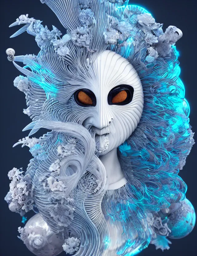 Image similar to simple coherent artwork. 3 d goddess close - up 3 / 4 portrait with ram skull. beautiful intricately detailed japanese crow kitsune mask and clasical japanese kimono. betta fish, jellyfish phoenix, bio luminescent, plasma, ice, water, wind, creature, artwork by tooth wu and wlop and beeple and greg rutkowski