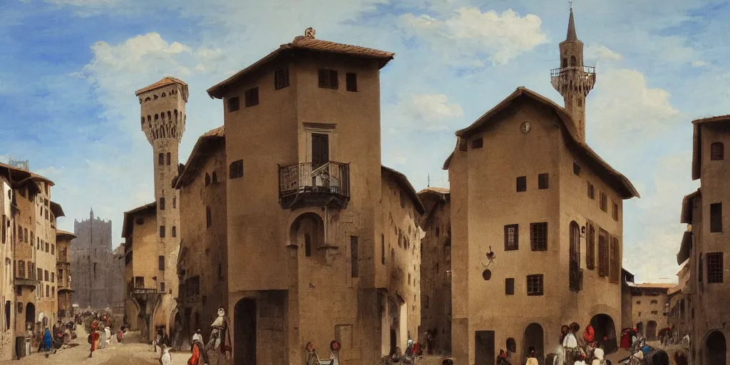 Prompt: florence old street in 1 6 th century with a tower in background, by hiroshi yoshida, trending on artstation