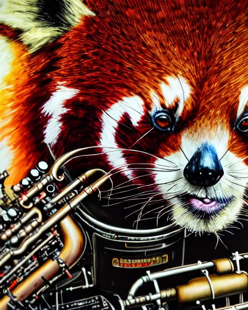 Prompt: a portrait of an anthropomorphic cyberpunk single red panda wailing on the saxophone by sandra chevrier, by jon foster, detailed render, tape deck, epic composition, cybernetics, 4 k realistic, cryengine, realistic shaded lighting, sharp focus, masterpiece, by enki bilal