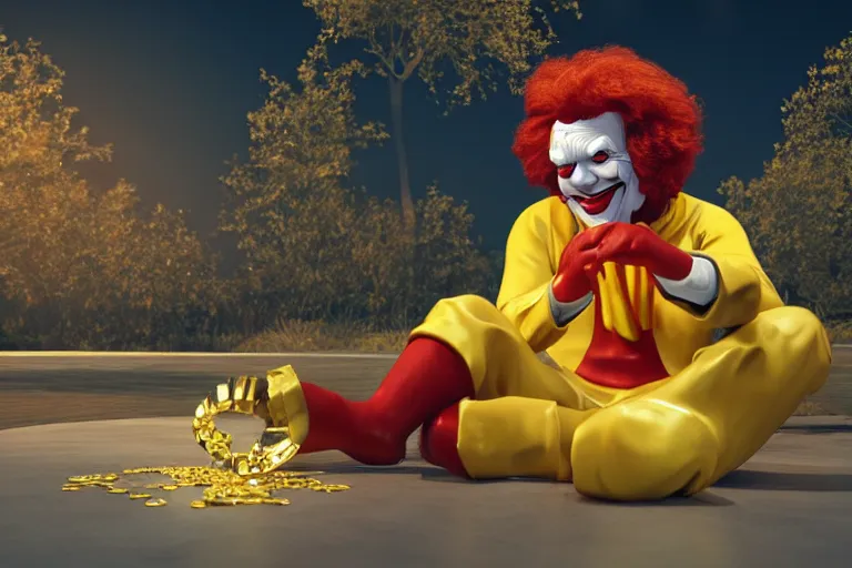 Image similar to a still of ronald mcdonald surrounded by gold and diamonds, award - winning, photograph, 3 d render, unreal engine, 4 k detailed