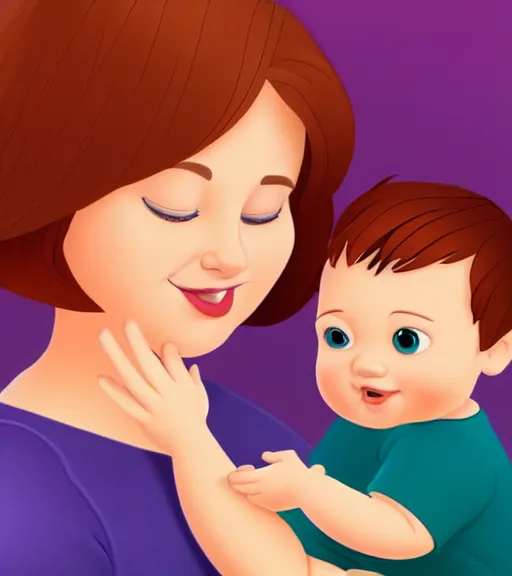 Image similar to a mother with short shoulder length auburn hair, short and curvy and a slightly chubby face holding her infant son with short brown hair full color digital illustration disney / pixar animation 4 k