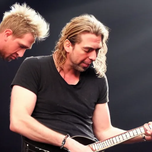 Image similar to chad robert kroeger of nickelback looking at a mystery object on someone's head