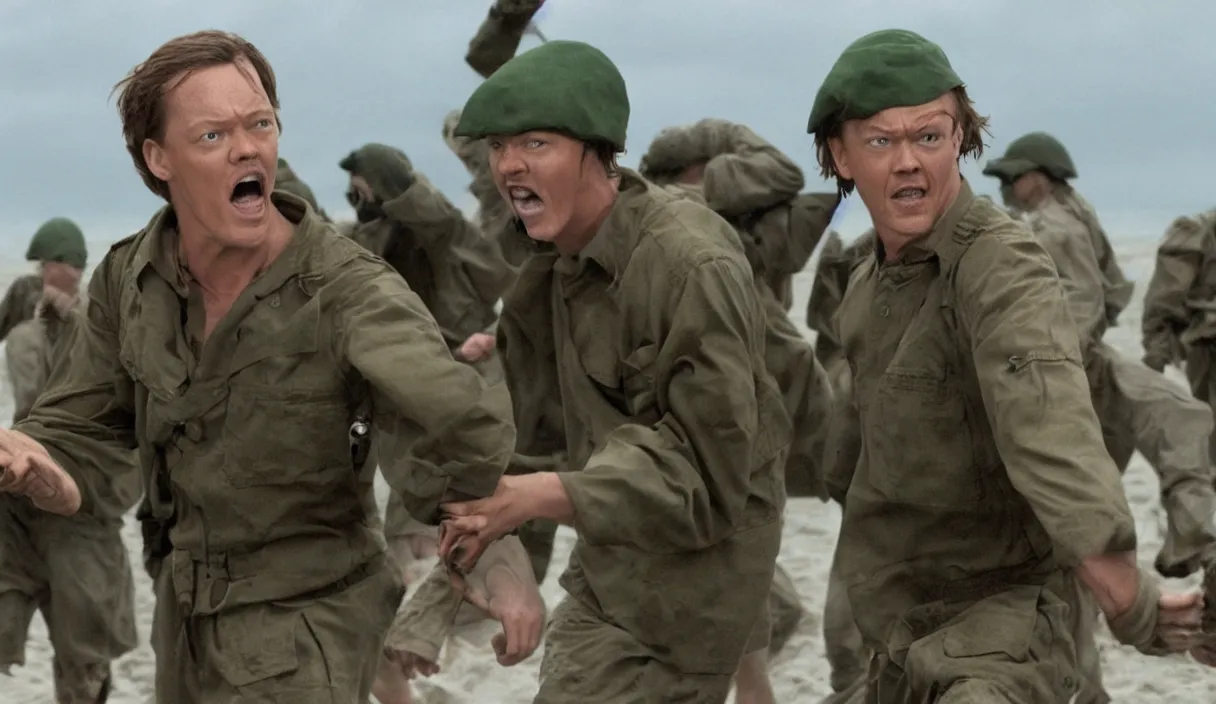 Image similar to photo realistic image of Matthew Lillard as shaggy from scooby doo, storming the beaches of Normandy, 8k HD, high detail, photorealistic, Hollywood cinematic, Christopher Nolan