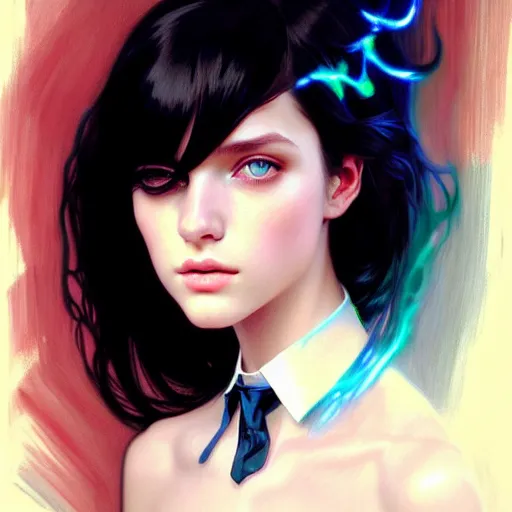 Image similar to portrait of teenage girl with long glossy black hair, blue eyes, glowing skin, fashion model features, fantasy, intricate, elegant, dress shirt and tie, highly detailed, digital painting, artstation, concept art, smooth, sharp focus, illustration, art by Krenz Cushart and Artem Demura and alphonse mucha