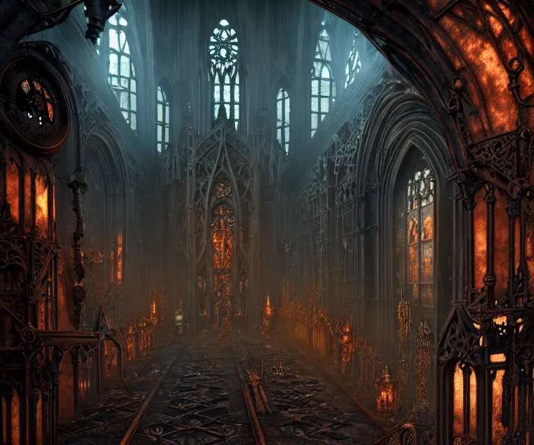 Image similar to steam necropolis, memento mori, gothic, neo - gothic, art nouveau, hyperdetailed copper patina medieval icon, stefan morrell, philippe druillet, ralph mcquarrie, concept art, steampunk, unreal engine, detailed intricate environment, octane render, moody atmospherics, volumetric lighting, ultrasharp, ominous, otherworldly