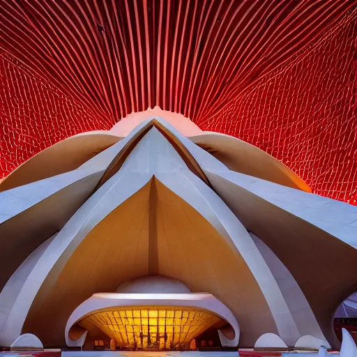 Image similar to interior of a futuristic lotus temple with gold, red and white marble panels, in the desert, by buckminster fuller and syd mead, intricate contemporary architecture, photo journalism, photography, cinematic, national geographic photoshoot