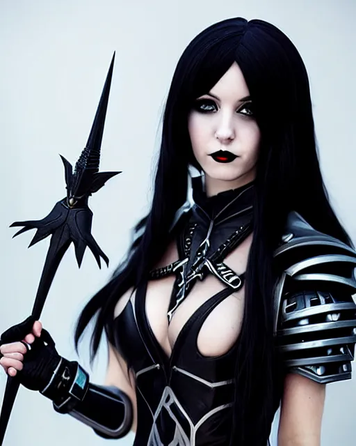 Image similar to portrait of beautiful goth girl cosplay with black hair in warhammer armor, white background, art by artgerm