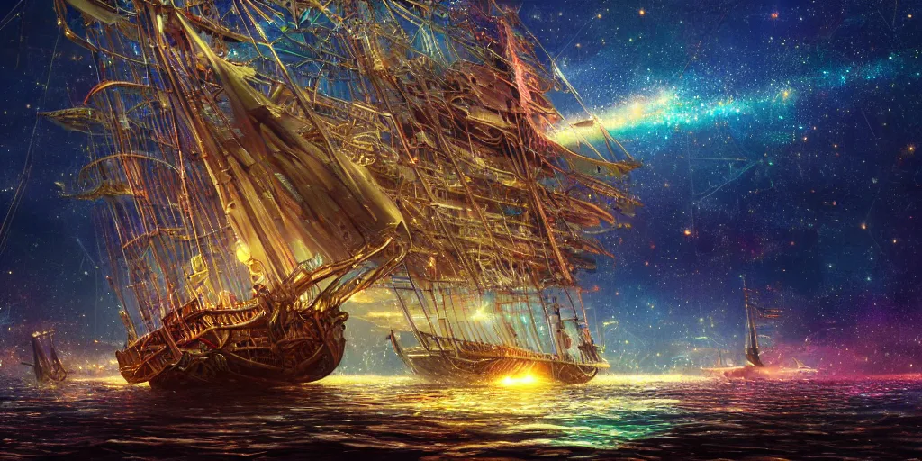 Prompt: a lone giant steampunk cyberpunk ship made of jeweled timber sailing through space long glass oars and millions of stars all around bokeh hyperrealistic digital painting colorful masterpiece by studio ghibli