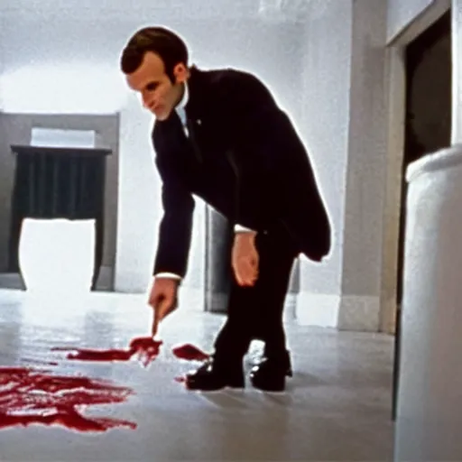 Prompt: Emmanuel Macron washing blood on the floor in American Psycho (1999)