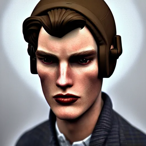 Image similar to A videogame portrait of a young Irish man with high cheekbones. Good bone structure. Dressed in 1940s style. (Hazel hair). Highly detailed, fine Art, high detail, great lighting, 8k resolution, masterpiece, concept art, illustration, clear eyes, painting oil on canvas, octane render, HDR, trending on artstation, 4k, 8k, HD