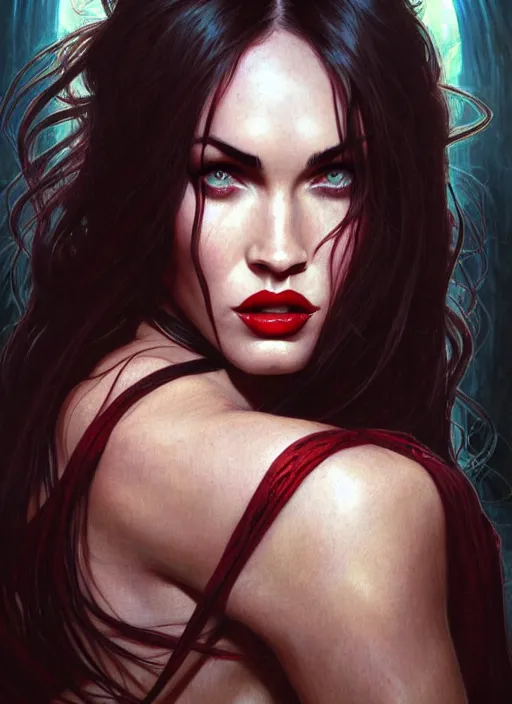 Image similar to portrait of megan fox as demon, succubus, devil, red skin, batwings, hell, intricate, headshot, highly detailed, digital painting, artstation, concept art, sharp focus, cinematic lighting, illustration, art by artgerm and greg rutkowski, alphonse mucha, cgsociety