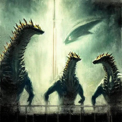 Prompt: king ghidorah, 3 heads, electric storm, painted by jeremy mann