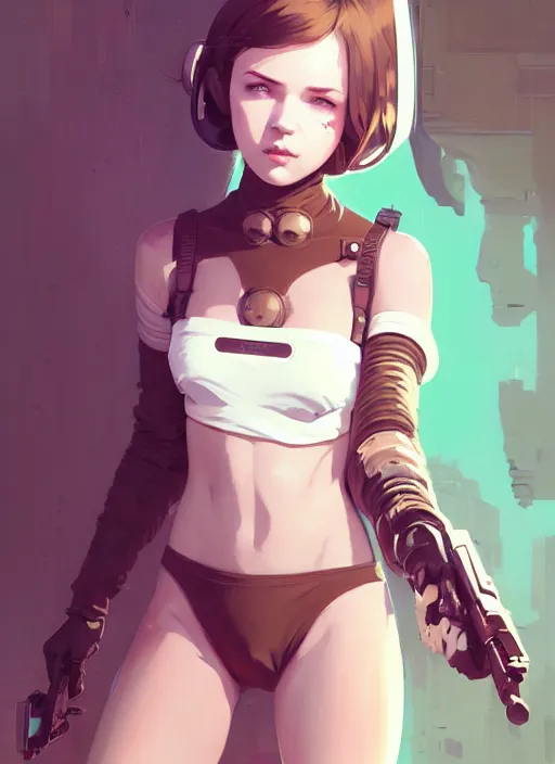 Image similar to portrait of cute maiden girl in cyber bikini armor, face by ilya kuvshinov, warhammer, cyberpunk, by atey ghailan, by greg rutkowski, by greg tocchini, by james gilleard, by joe fenton, by kaethe butcher, dynamic lighting, gradient light blue, brown, blonde cream and white color in scheme, grunge aesthetic